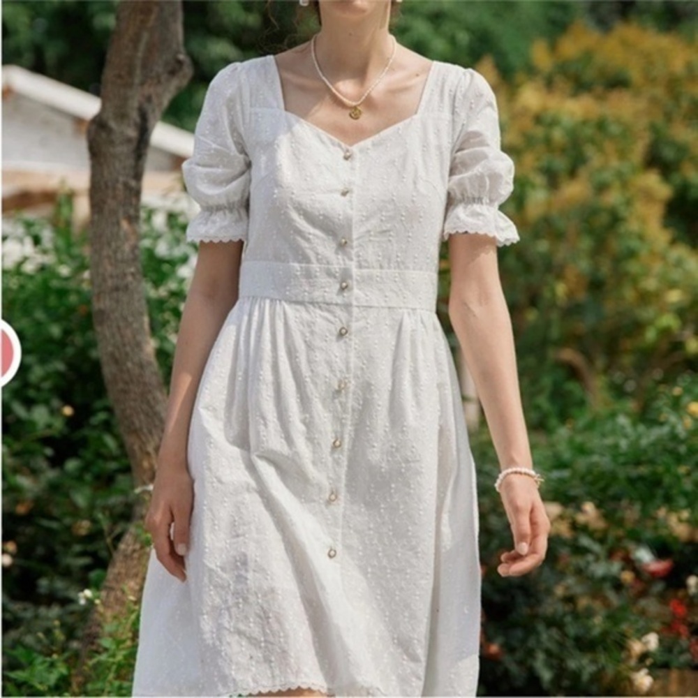 Simple Retro victorian button down front short sleeve cotton Elegant Cream Dress
